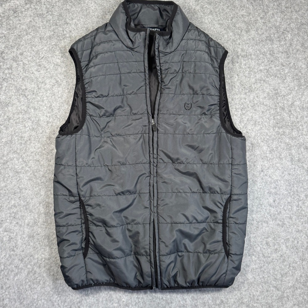 Chaps Mens Quilted Puffer Vest Small Gray Herringbone Full Zip Sleeveless Jacket